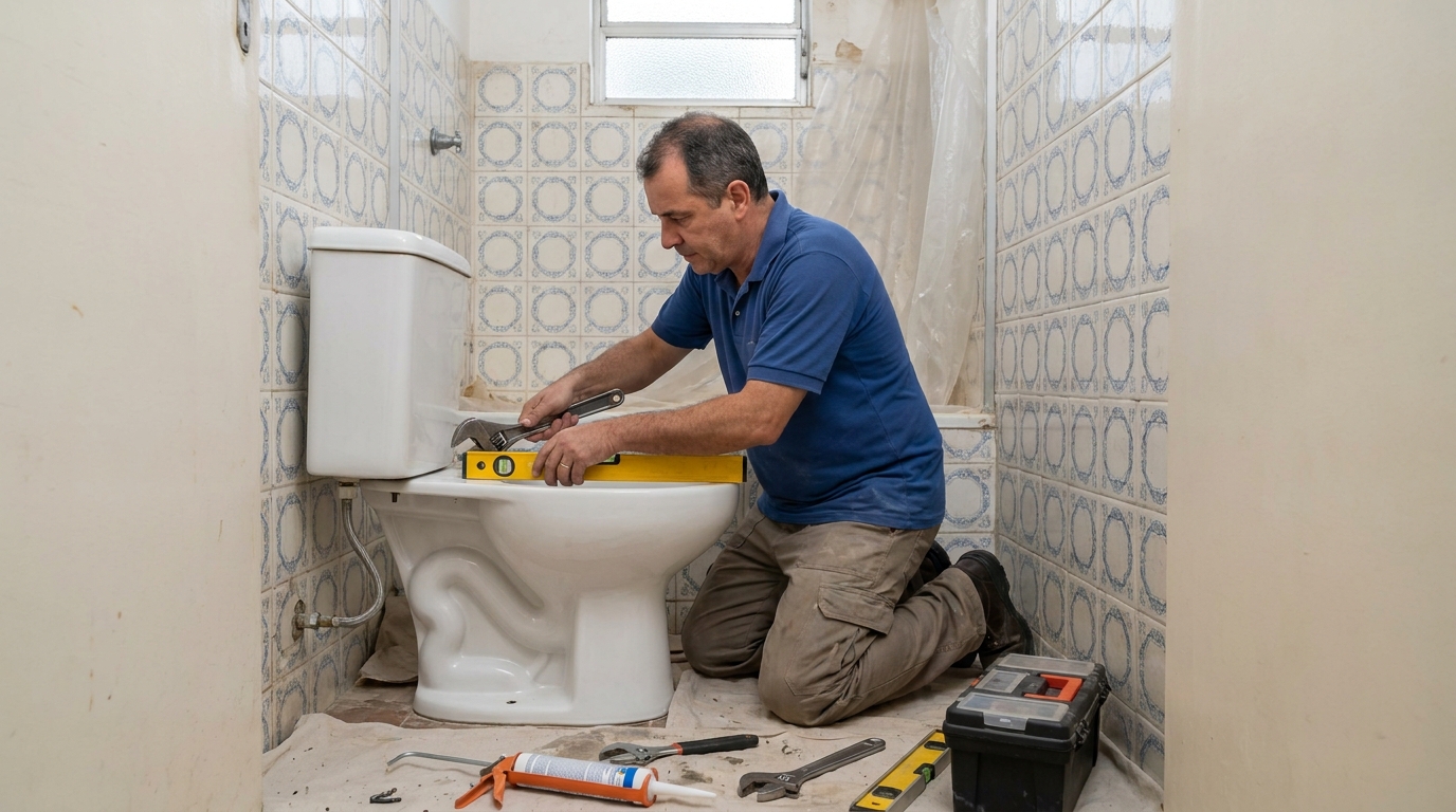 Técnico instalando vaso sanitário em São José dos Pinhais‑PR